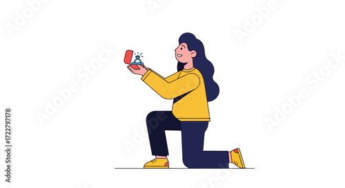 Animated woman kneeling, presenting a ring in a box, symbolizing a proposal or engagement anticipation with vibrant colors and delicate lines