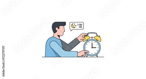 Waking up early a man turns off his alarm clock with a speech bubble showing 7 am and a moon indicating sleep time