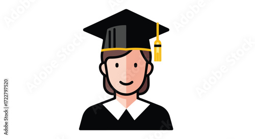 Illustration of a happy female graduate wearing a mortarboard and gown symbolizing academic achievement and successful completion of studies