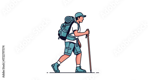 A lone hiker embarks on a journey, navigating trails with backpack and staff, seeking adventure and solace amid nature's beauty, drawn with a
