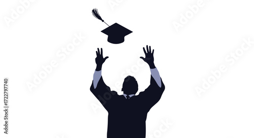 Silhouette of graduate throwing cap in celebratory gesture against a clean white backdrop depicting academic achievement and success