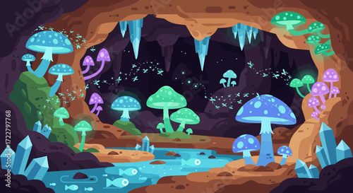 Enchanting Glowing Mushrooms in a Mystical Cave Landscape.