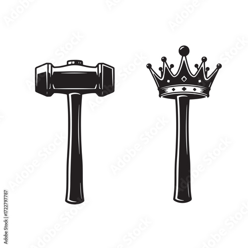 Vintage black and white sledgehammer and crown illustrative design for diverse conceptual uses