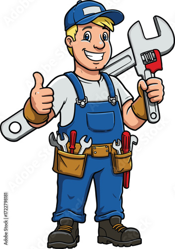 Cartoon handyman character, smiling mechanic illustration, blue overalls, holding wrench, thumbs up, repair service mascot, friendly tradesman, construction worker, tool belt, maintenance expert