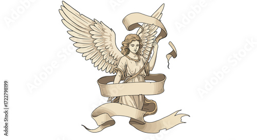 Vector Graphic of a Winged Angel, Blue Sash, and White Background