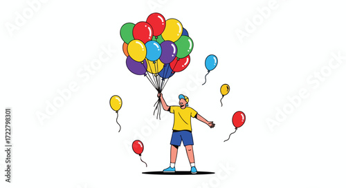 Boy holding aloft a colorful bunch of party balloons, joyous celebration illustration with floating balloon decorations and an uplifting festive