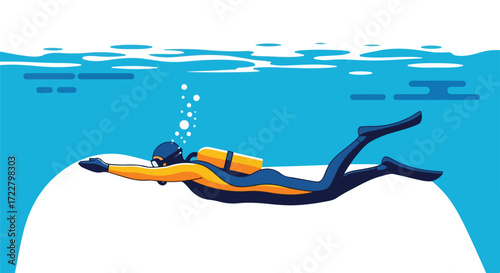 Illustration depicting a diver exploring the underwater realm, highlighting the joy and tranquility of scuba diving, rendered in a clean flat design
