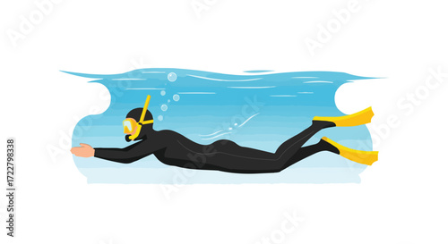 Underwater explorer, illustration of a diver in full gear swimming with fins under the water in blue sea full protective clothing, for adventure