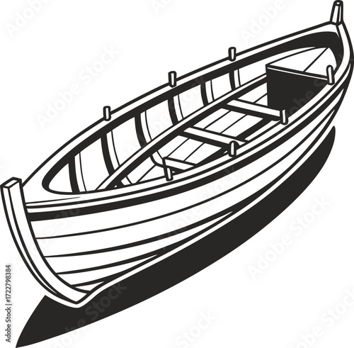 Vector art of a simple black and white illustration of a wooden rowboat, isolated on a