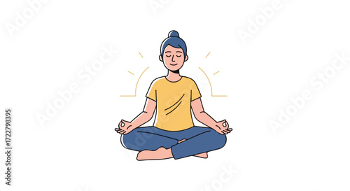 Woman in lotus position, radiating serenity in minimalist vector illustration, promoting mindfulness and relaxation practices for wellness