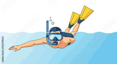 Illustration of a man snorkeling in blue water with yellow flippers for summer recreational activities