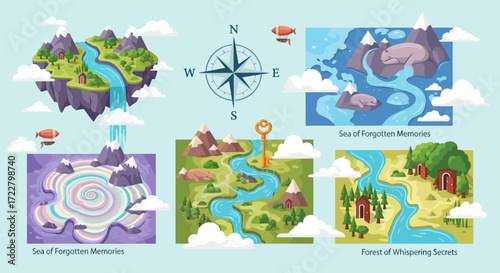Fantasy World Map Collection with Islands, Rivers, and Landmarks.
