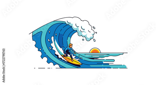 Stylized surfer riding ocean wave at sunset creating a dynamic and minimalist illustration evoking vacation bliss summer lifestyle and extreme sports