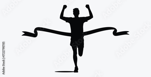 Silhouette of a runner crossing the finish line in victory celebration