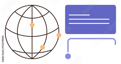 Globe with pinpoint nodes connected to a digital screen, illustrating worldwide data sharing, collaboration, and communication. Ideal for networking, technology, education, global trade, innovation