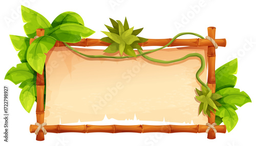 Bamboo frame with empty parchment with rope, jungle leaves and vine. Themed projects game ui border, menu. Old paper textured, bamboo border.