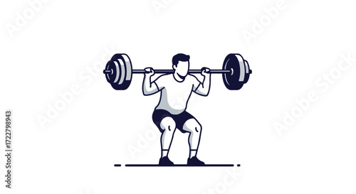 Illustration of a man doing a barbell squat workout for fitness and strength training, with minimal and clean design elements suitable for sports