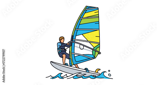 Stylized windsurfer illustration with bright sail enjoying the thrill of water sports activity depicted in a minimalist cartoon drawing style