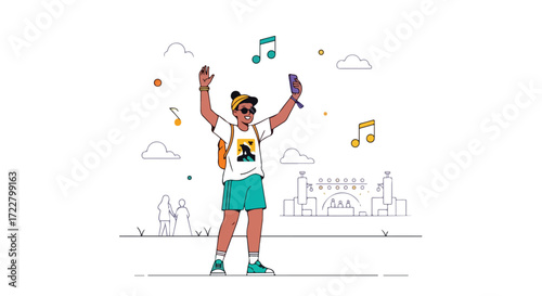 Animated festival vibes: an energetic character enjoying a concert with music notes and a sketch-style festival venue in the background