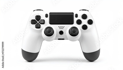 A white gamepad with black accents rests on a white background in a studio shot, exhibiting buttons and joysticks