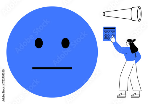 Neutral blue face with simple expression, telescope symbolizing exploration, and person interacting with a calculator for analysis. Ideal for emotion, problem-solving, decision-making, research