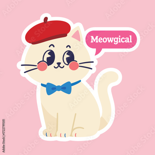 Adorable white cat wearing a red beret and a blue bow tie sticker with "Meowgical" speech bubble, a charming and whimsical illustration.