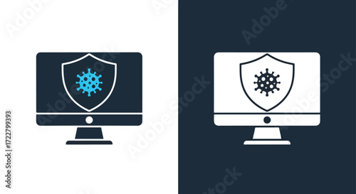 Computer screen showing antivirus shield icon protecting against digital threat
