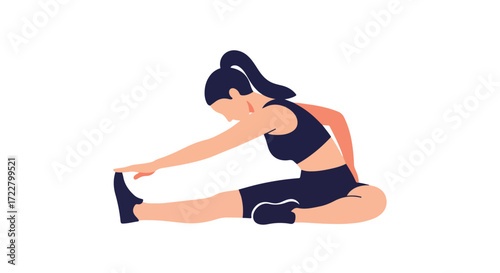 Athletic woman stretching hamstring on the floor in sportswear, promoting wellness and physical health with a minimalist design style