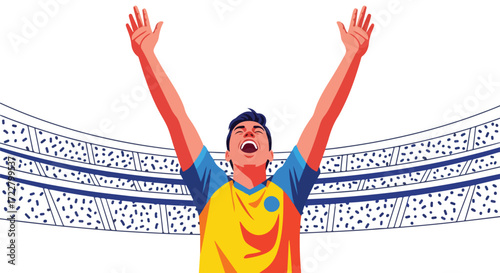 Victorious athlete celebrating in the stadium, arms raised high, crowd in the background, expressing joy after a successful achievement