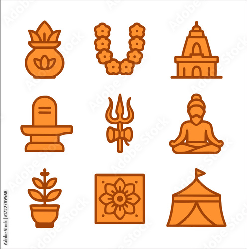 A vibrant flat 2D icon set inspired by Dev Deepavali, the festival of lights celebrated on the ghats of Varanasi