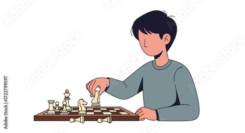 Focused strategist: A character thoughtfully makes a move on the chessboard, illustrating intelligence and concentration