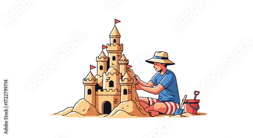 Illustrative depiction of a young boy attentively constructing a majestic sandcastle on a sunny beach showcasing summer vacation fun and coastal