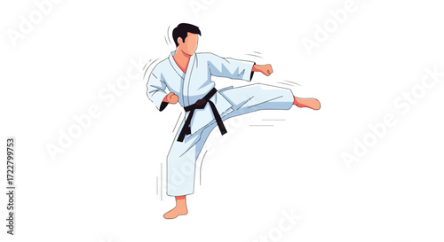 Dynamic karate master executing a powerful sidekick with incredible agility and precision wearing traditional attire demonstrating discipline and