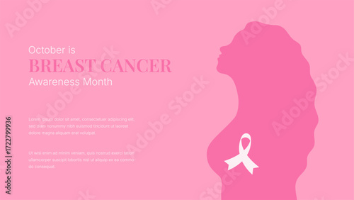 Breast cancer awareness month pink background with copy space. Silhouette of woman and ribbon in flat minimalist style. World campaign. Vector illustration for banner card info
