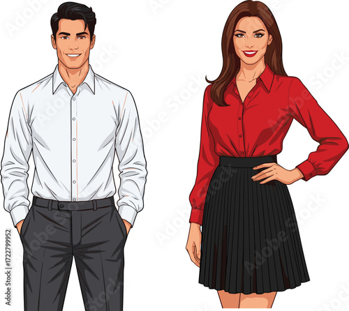 Cartoon Fashion Icons Featuring Man in Formalwear and Woman in Stylish Attire, Confident Mood, Apparel Theme, and Pose Scene