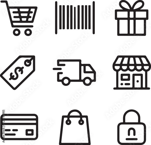 Black and white line art icons for shopping and commerce shopping cart barcode