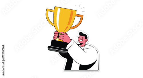 Celebrating Achievement: A Cartoon Man Victoriously Holding a Golden Trophy Award aloft in triumph with sheer joy for success