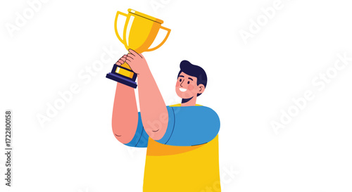 Character holding a golden trophy, representing success, achievement, and celebrating victory in a joyful and triumphant manner isolated on white