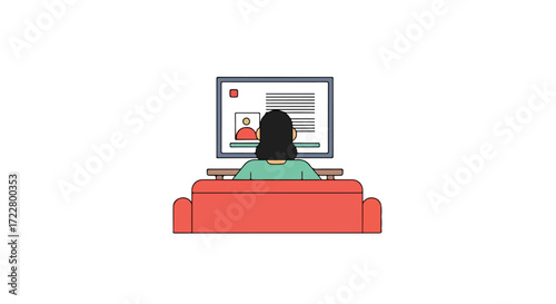 A woman watches a computer screen with a video call and text content while sitting on a couch in minimalist cartoon style
