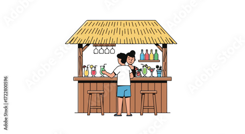 A Relaxing Tropical Beach Bar Scene With a Bartender Serving Cocktails to a Customer Enjoying Vacation Vibes