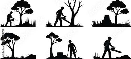 lumberjack silhouettes with chainsaw cutting trees forest woodcutter logging timber work tree stumps deforestation worker wood industry black vector illustration isolated background