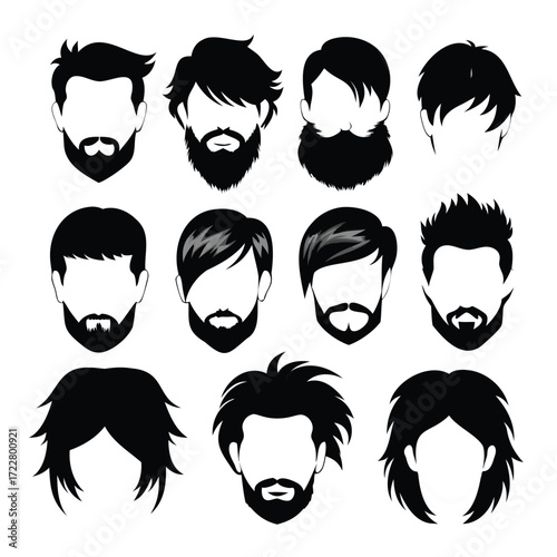 Collection of diverse men s hairstyles and beard styles in silhouette