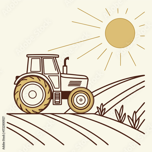 Vector art of a stylized illustration of a tractor working in a field under a bright sun, evoking a sense of rural agriculture and farming