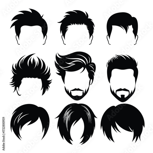Collection of diverse male hairstyles and beard styles in black and white