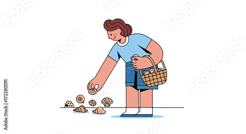 Illustration depicting a woman gleaning seashells along the shore with a basket collecting treasures from the ocean's edge in a minimalist style