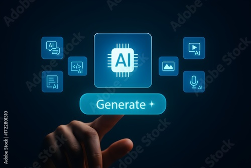 AI-powered content generation – glowing interface with multimedia creation tools for text, image, video, audio, and code