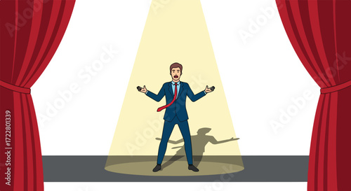 Cartoon businessman under spotlight on stage with red curtains, delivering speech or performing in a show or theatrical production for corporate