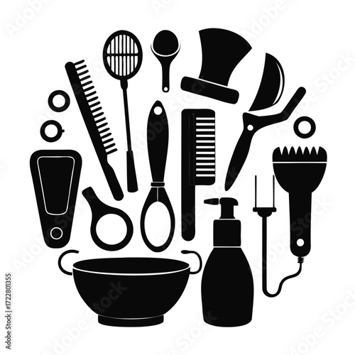 Black silhouette of hairdressing and grooming tools arranged in a circle