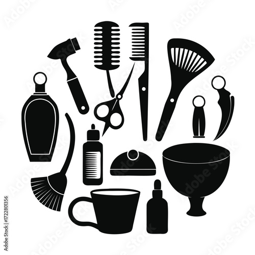 Circular arrangement of black silhouette hair salon and barber tools
