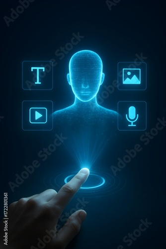 Multimedia AI interface and user interaction – glowing holographic head with icons for text, image, video, and voice input